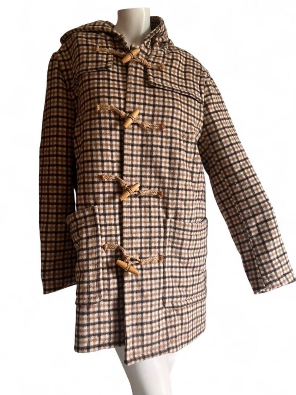Zara Wool Blend Checked Duffle Coat S-M Hooded Toggle Heritage Plaid NWOT